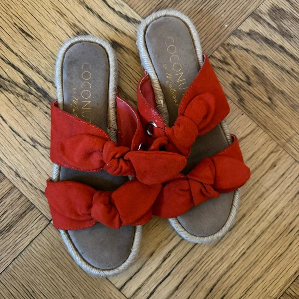 Coconuts by Matisse Sandals with Bright Orange-Red Suede Bows/Knots